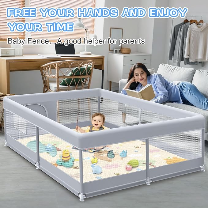 XVISHX Baby Playpen with Mat, 50 x 50 Inch Play Pen Playards, Playpen for Babies and Toddlers, Baby Playard for Indoor & Outdoor Active Center Game Fence, Skin-Friendly Fabric and Soft Breathable Mesh