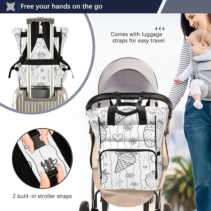 Custom Name Black White Strawberry Diaper Bag Stroller Straps Gift