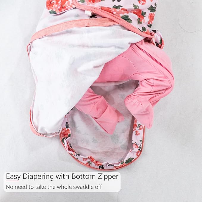 LollyBanks Swaddle Sacks, 100% Cotton Baby Girls Sleep Sack, 3-6 Months Swaddle for Girls with Easy Change Zipper, Newborn Sleep Bag Nursery Swaddling Blankets (Pink Peony Print)
