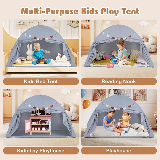 HONEY JOY Bed Tent Twin for Kids, Foldable Play Tent Canopy w/Flags, Windows, Indoor Outdoor Playhouse Toddler Tent, 79” x 39” x 48”, Washable, Kids Tent for Boys Girls Aged 3+, Birthday (Gray)