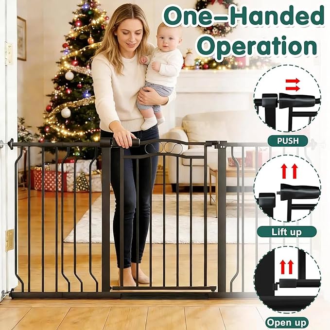29.53"-43.30" Mornyray Auto-Close Baby Gate Extra Wide, Pressure Mounted Dog & Pet Gate for Stairs Doorways, No Drill Safety Barrier with Lace Design, Metal Child Proof Gate Indoor Outdoor, Black