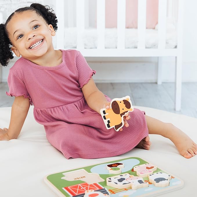 Pearhead Wooden Barn Puzzle, Farm Animal Learning Puzzle for Toddlers, Learn Animal Sounds Pegged Puzzle, Montessori Educational Toy