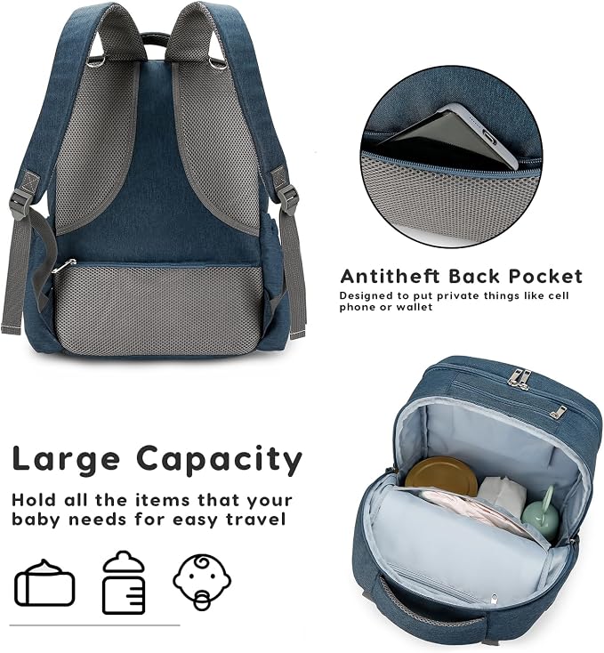 SONARIN Large Capacity Multi-Pocket Diaper Bag Backpack Waterproof Nappy Changing Bag Travel Mummy Bag with Stroller Straps(Blue)