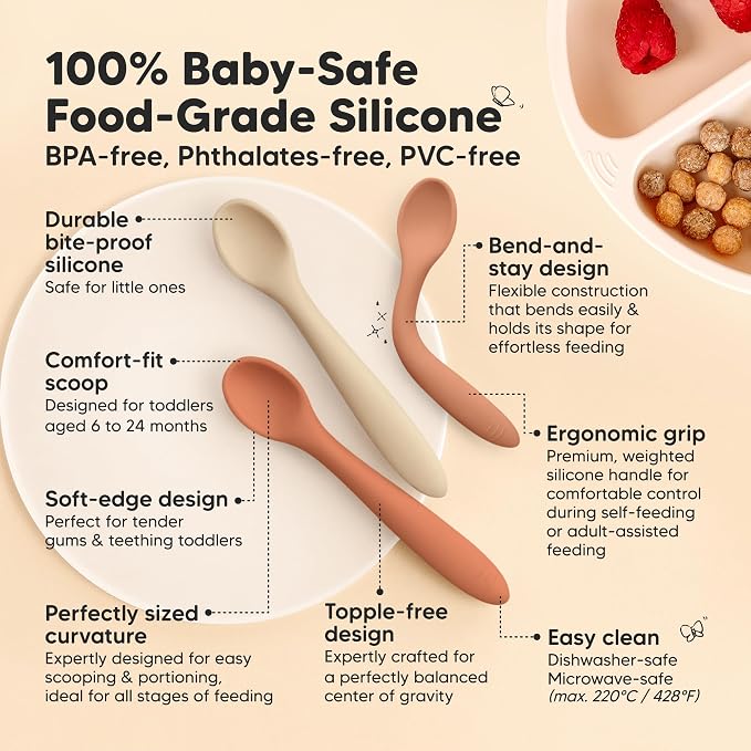 KeaBabies 3-Pack Silicone Baby Spoons and 3-Pack Waterproof Baby Bibs for Eating - Toddler First Food Training Spoon - Lightweight Boys & Girls Bib with Food Catcher