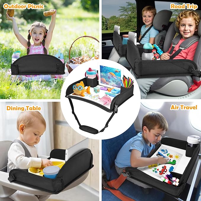 2Pcs Kids Travel Tray for Toddler Carseat, Road Trip Activities Essentials for Toddler, Kids Lap Desk Tray with Tablet Holder Stand ï¼?Dry Erase Board (Black-2Pcs)