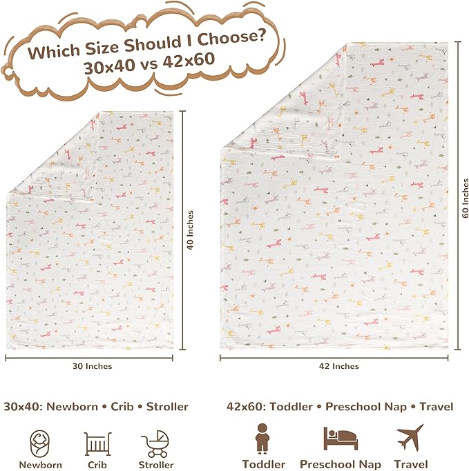 NTBAY Muslin Toddler Blanket, 4-Layer, 30x40 Soft and Breathable Receiving Blanket for Newborns and Infants, Crib Stroller Travel Use, Cartoon Giraffe