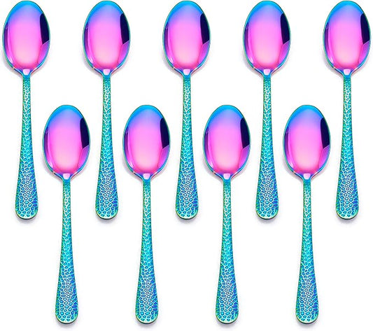 LIANYU 9 Pieces Rainbow Children Stainless Steel Spoon, Cute Toddler Spoons, Children Silverware Flatware Set, Kids Cutlery Set, Small Kid Utensil for Self Feeding