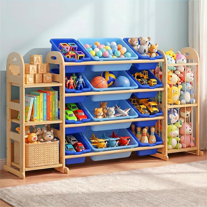 Kids Toy Storage Organizer, Toy Organizers and Storage with Stuffed Animal Storage, Toy Storage Shelf with 3 Shelves, 12 Storage Bins, Kids Bookshelf, Toy Holder for Playrooms, Bedrooms, Blue