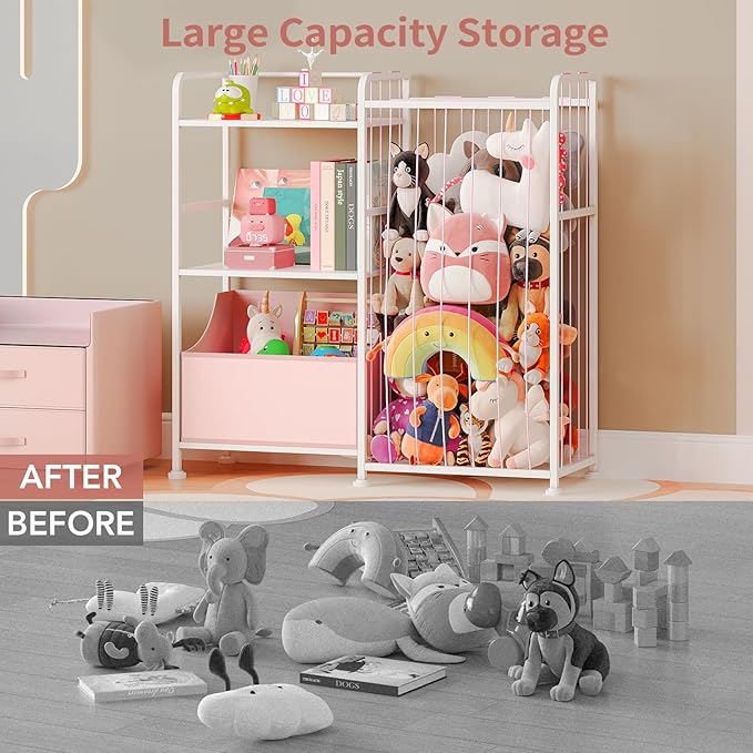 BBLIKE Kids Bookshelf and Toy Storage Organizer, Stuffed Animal Storage Holder with Fabric Toy Chest, 2-Tier Toddler Book Shelf for Kids Room, Playroom, Nursery, Pink