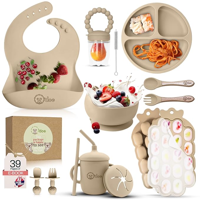 O'doe Baby Weaning Set ??15 Pcs Silicone Baby Feeding Set with Suction Plate, Bowl, Bib, Sippy Cup, Fruit Feeder & Freezer Tray ??Baby Plates and Bowls Set for 3M+ | BPA-Free Baby Dishes & Utensils