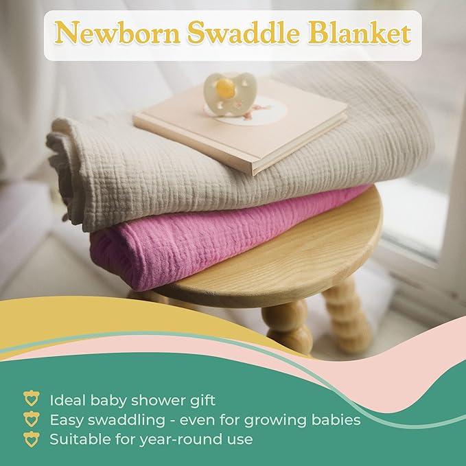 Muslin Swaddle Blanket ??Soft Cotton Muslin Baby Blanket for Newborns, Infants, and Toddlers, All-Season Comfort Baby Essential - Pink, Purple, White
