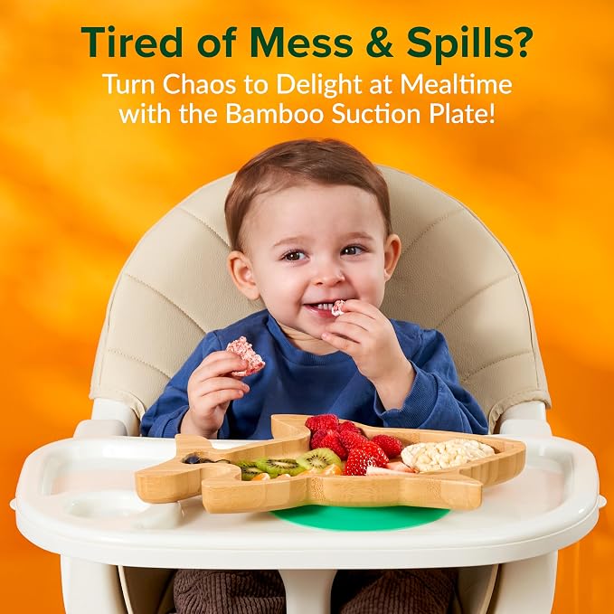 Bamboo Suction Plates for Baby - Strong Suction Plates for Toddlers - Non-toxic All Natural Eco Friendly Materials - Shark