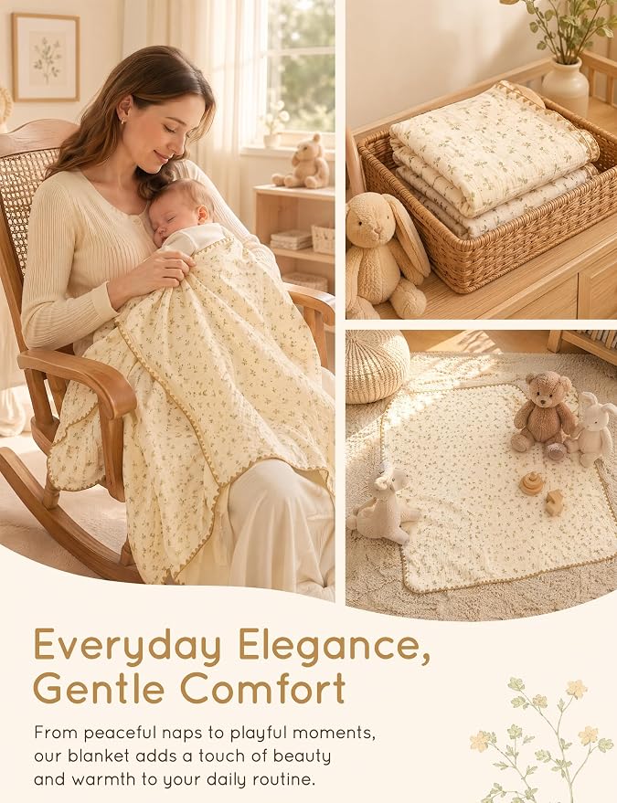 Baby Blanket 40x40 Inches,Muslin Cotton and Minky Dotted Double Layer Soft Receiving Blanket for Newborn Toddler,Petite Floral