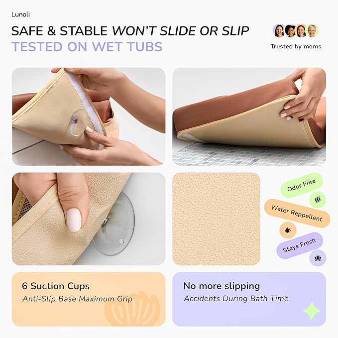Baby Bath Kneeler and Elbow Rest Pad Set ??1.8??Thick 2025 Color of the Year Mocha Mousse Memory Foam Kneeling Pad & Elbow Cushion with 6 Suction Cups, 4 Mesh Pockets, Waterproof & Machine Washable