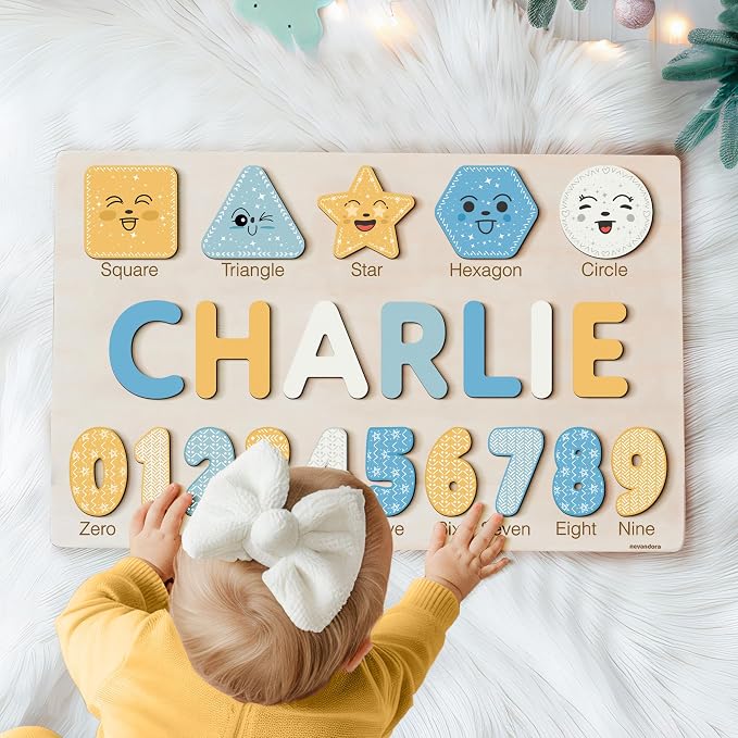 Personalized Wooden Name Puzzle with Numbers & Shapes for Toddlers 1-3 | 11 Color Themes | Montessori Learning Toy, Nursery Keepsake & Perfect 1st Birthday Gift