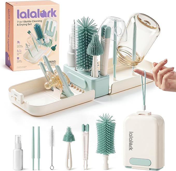 lalalark 7-in-1 Baby Bottle Brush Set, BPA Free Silicone Baby Bottle Cleaning Kit with No Scratch Dual-Headed Brush, Nipple Brush,Soap Dispenser & Drying Rack,Travel Cleaner Set with Storage Case,Mint