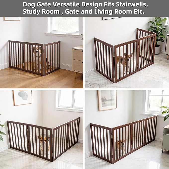 Dog Gate Indoor, Freestanding Dog Fence for The House, Doorways, Hallways,or Stairs,Pet Gate Foldable Wooden,Expandable 24" Height 3 Panels,Brown