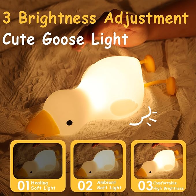 Cozy Lying Goose Night Light, Dimmable 3 Colors Night Light for Baby Nursery, Squishy Cute Light for Kids, Rechargeable Companionship Lamp for Baby, Goose Baby Items Gifts, Decor