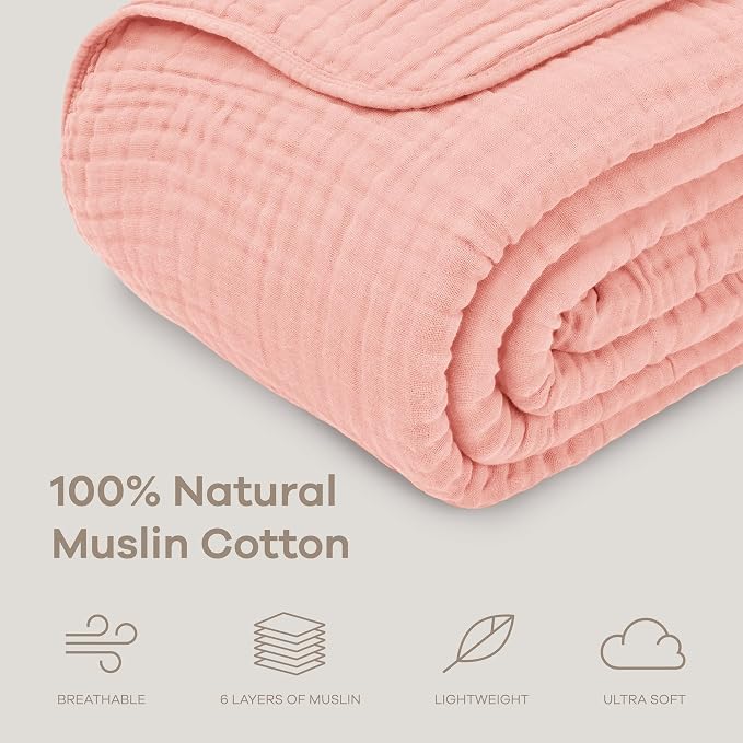 Comfy Cubs Muslin Blanket for Adults Queen 90" x 90" - 6 Layer Soft, Breathable & Lightweight Muslin Adult Blanket - Machine Washable & Designed in The US Bedding for All Seasons - Bold Blush