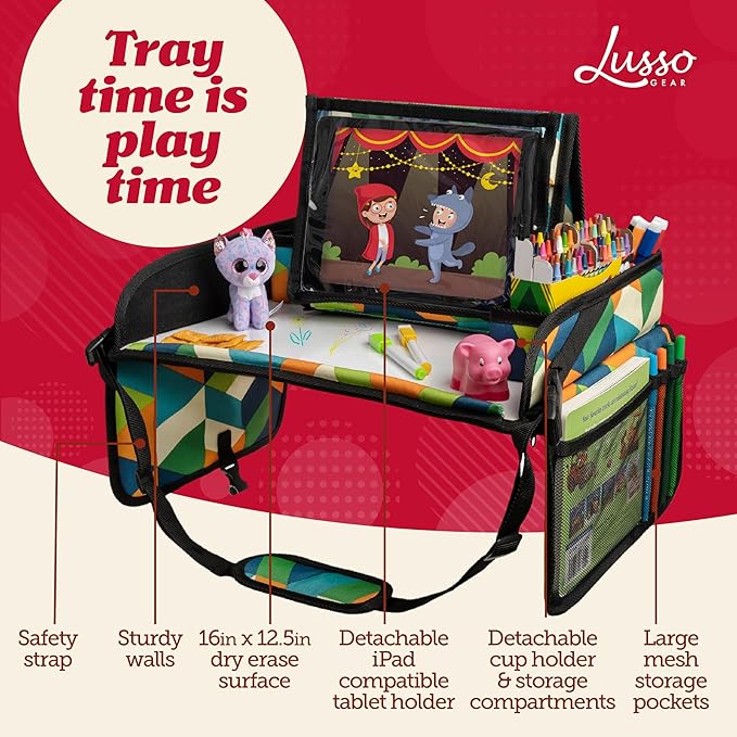 Lusso Gear Kids Travel Tray for Toddlers & Kids - Car Seat Lap Tray for Airplane & Road Trip Activities (Geometric)