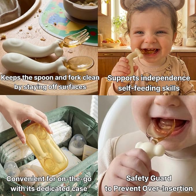 Baby Silicone Spoon & Fork Set with 360° Bendable Utensils, Suction Bowl, BPA-Free PPSU Case Included, Self-Feeding Training Set for Infant & Toddler (Milk White)