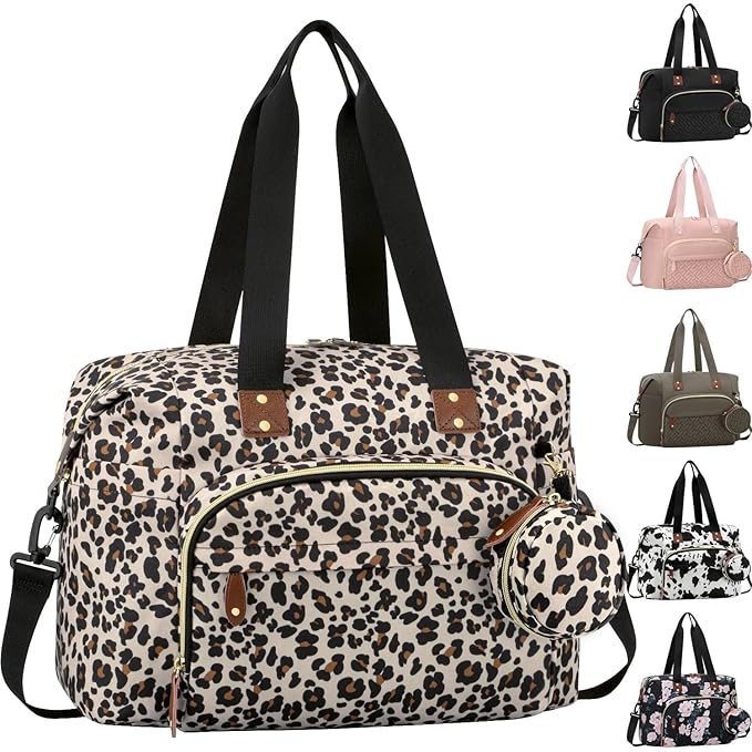 Tenot Diaper Bag Tote with Pacifier Case, Baby Bag for Women with Shoulder Straps, Travel Diaper Tote for for Mom and Dad Medium Size, Leopard Print