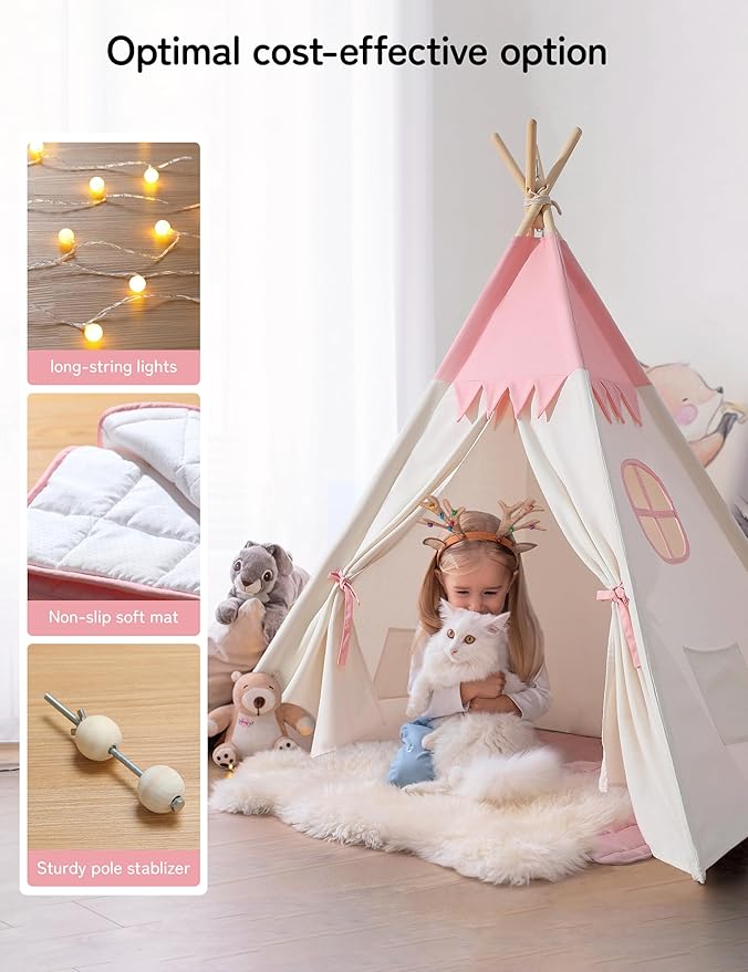 Teepee Tent for Kids Indoor,Kids Play Tent, Toddler Teepee Girls Boys, Baby Teepee, Children Room, Reading Tp,Canvas Playhouse with Lights and Mat (Peachy-Pink, Padded mat)