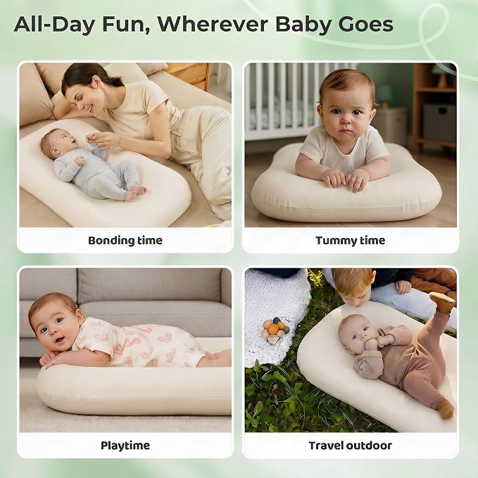 Infant Support Cushion - Baby Support Cushion for Newborn, 0-24 Months, Breathable Cotton Tummy Time Mat, Supervised Use, Portable Newborn Essentials for Home and Travel, Cream (Cover Included)