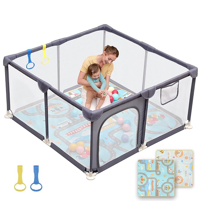 Dripex Baby Playpen with Mat ??47"x47" Small Play Yard for Babies 6-12 Months, Breathable Mesh & Waterproof Non-Slip Pad, Indoor/Outdoor Baby Fence, Grey