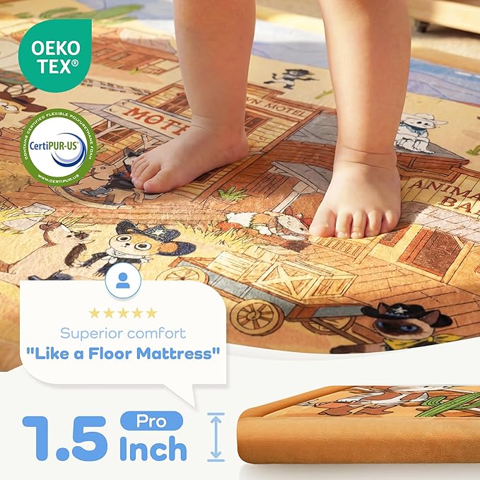 1.5" Thick Educational Large Baby Floor Play Mat 79x118, Flannel Padded Memory Foam Kids Mat, Non-Slip Plush Playmat for Nursery Playroom Classroom (Western Cowboy)