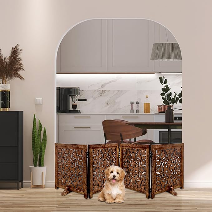 Lightnpro 4 Panel Wooden Dog Gate - 72 Inch Extra-Wide Freestanding Pet Fence - Foldable Indoor Safety Barrier for Small Dogs for Stairs, Doorways & Hallways – Natural Burnt (24x18 Inch Panels)