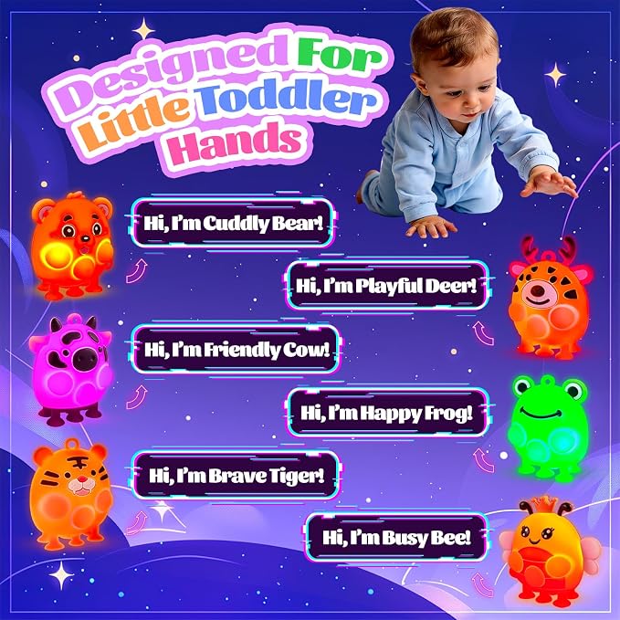 ChildFun 6PCS Light Up Animal Suction Popper Fidget Toys, Baby Bath Toys, Travel Airplane Road Trip Car Activities for Toddlers, No Hole Bath Toys, Sensory Toys for Kids with Autism