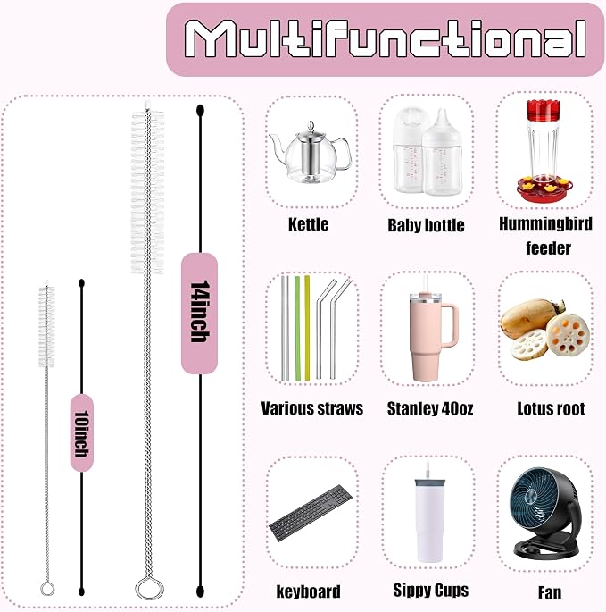 Straw Cleaner Brush Set Multi Sizes:10-inch & 14-inch,Straw Brush for Baby Bottles,Stanley Straw Cleaner Brush Extra Long for 40/30/20 oz Stanley Cups,Straw Cleaning Brush for Various Straws.