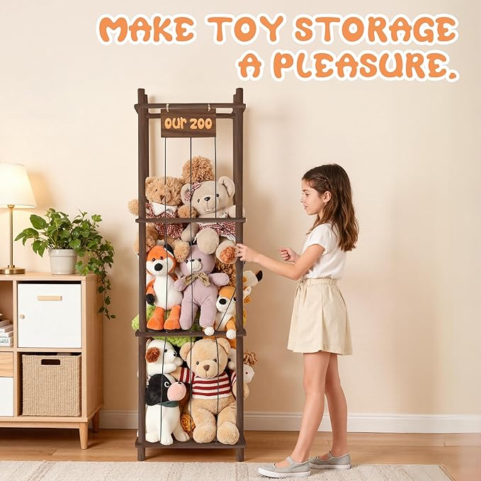 LAMU Stuffed Animal Storage, Wooden Zoo Stuffed Animal Holder with Elastic Cords, Space Save Toy Organizer, Extra Large Capacit Stuffed Animal Organizer for Playroom, Bedroom, Nursery,Brown