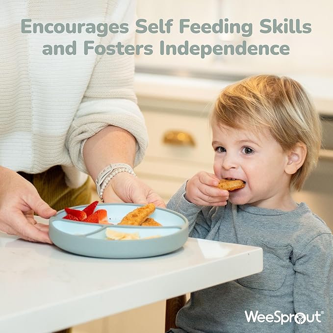 WeeSprout Toddler Plate with Suction Base ??Two-Tone Baby Plate with Dividers, Food-Grade Silicone (Pastel Blue/Matte Navy)