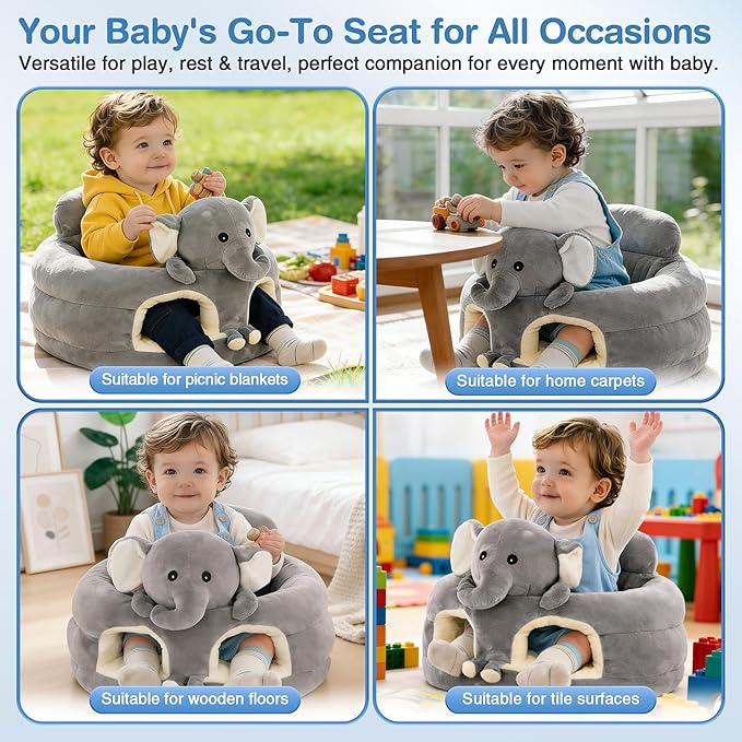 Sit Up Floor Seat for Baby 3-24 Months, Plush Animal Shaped Support Floor Chair Learning to Sit, Infant Toddler Baby Sofa with Cotton Filling, Non-Slip Bottom, Grey