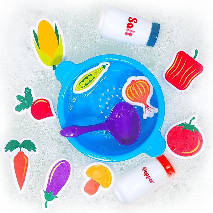 Tub Works® Tub Soup??Scoop, Strain & Play Toddler Bath Toy | Floating Foam Veggies, Ladle for Scooping & Soup Pot for Straining | Pretend Play Cooking Kids Bath Toys | Creative Bathtub Toys