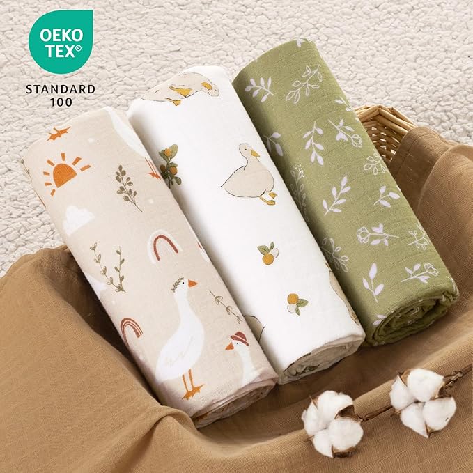 david's kids 4 Pack Baby Muslin Swaddle Blankets, 100% Cotton and Ultra Soft Breathable Receiving Blanket Wrap for Boys Girls, New Born Essentials, Large 47 x 47 inches, Farm & Duck