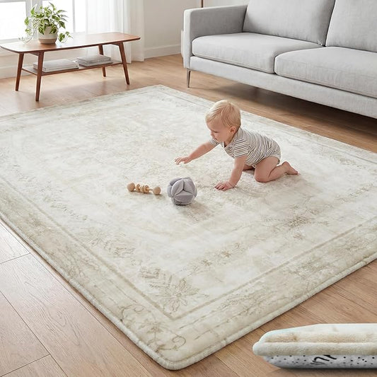 Huloo Sleep Baby Play Mat for Floor - 79x158 Inches 1.3" Thick Elasti-Foam Playpen Mat for Toddlers Infant Kids, Water-Repellent Nursery Rug, Non-Slip Backing for Crawling & Tummy Time, Vintage Beige