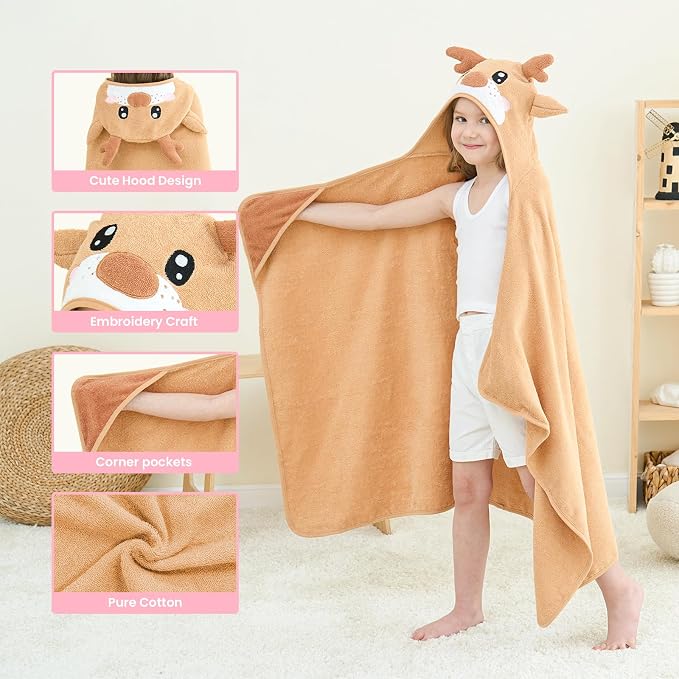Style Quarters Brown Elk Hooded Towel for Kids – Soft, Absorbent Cotton, Embroidered Baby Bath Towel, Cozy, Lightweight – Ideal for Toddlers & Children(50"x30")