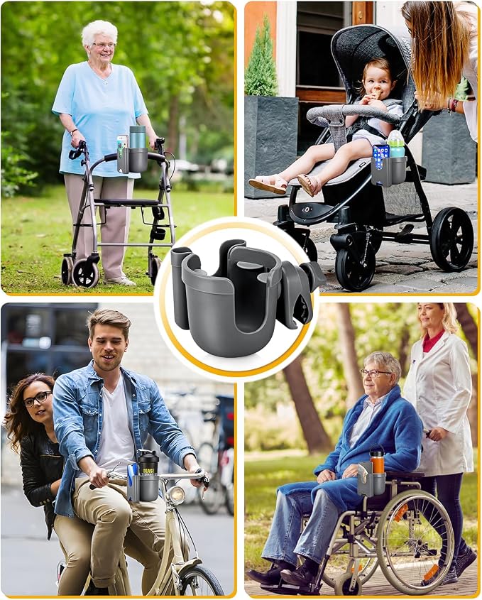 Universal Stroller Cup Holder with Mobile Phone Case, 2-in-1 Strollers Storage Rack, 360 Degrees Rotation Drink Holder for Bike, Pushchair, Wheelchair, Walker,Bicycle, Fits Most Cups (Gray)