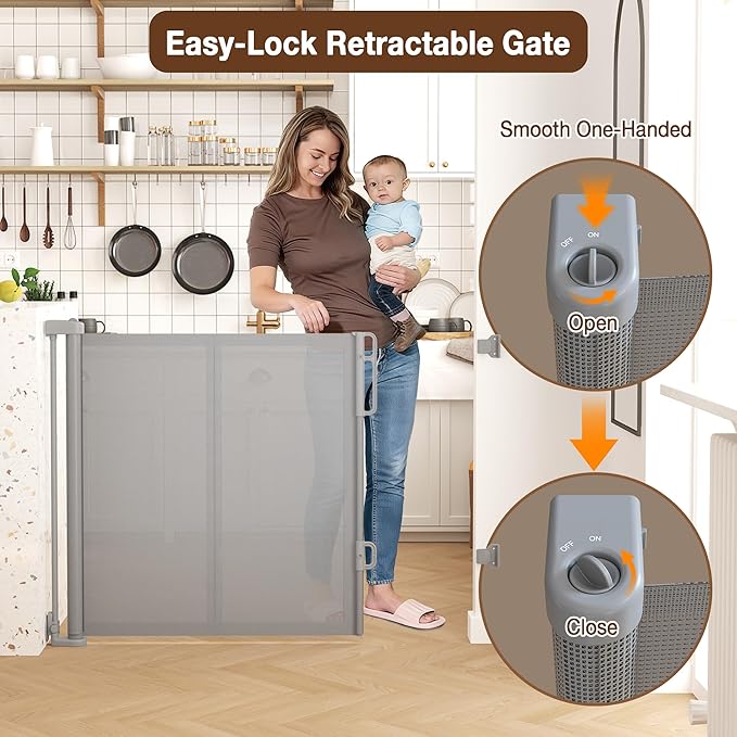 42'' Extra Tall Retractable Baby Gates with Reinforced Strip, Mesh Saftey Gate for Pets, 71'' Wide Retractable Gate, Anti-Escape Tall Dog Gates, No Drilling, Retractable Gate for Indoor/Outdoor,Grey