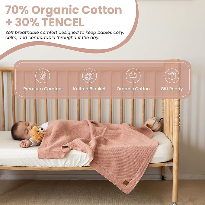 Baby Knitted Blanket ??70% Organic Cotton 30% Tencel??Soft Breathable Swaddle & Receiving Blanket for Newborns ??Crib, Stroller, Toddler Blanket with Gift Box ??30x40 Inch, Misty Rose
