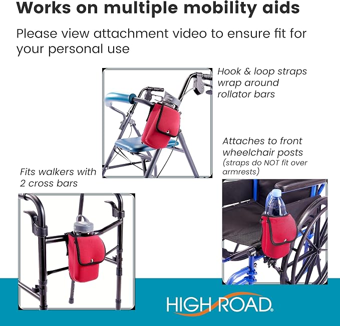 High Road Neoprene Bottle Holder and Phone Pouch for Mobility Equipment and Electric Scooters - Cup Holder for Strollers, Scooters, Rollators and Walkers, Red