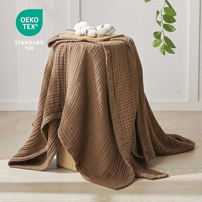 EMME Cotton Muslin Queen Blanket Bed Layering Breathable Gauze Blanket Soft Lightweight Blankets Adults (Brown, 90"x90")