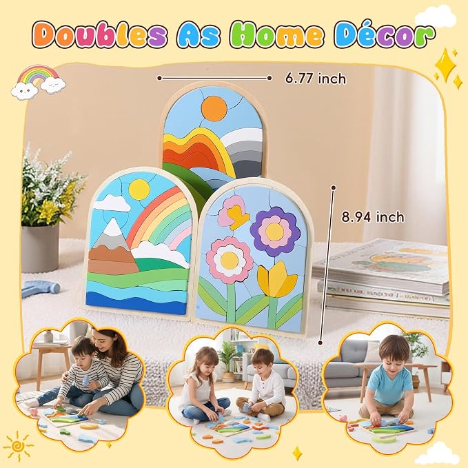 Montessori Wooden Shape Puzzles - Color Matching & Cognition Fun for Kids Over 3 Years Old, with Rainbow Blocks & Themes, Fine Motor Skill Building Toys & Gifts (3 Pack Colorful)
