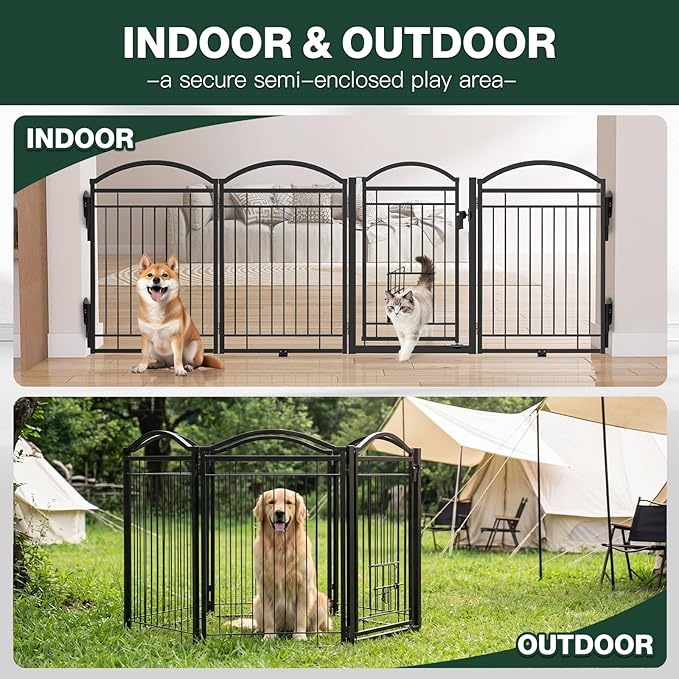 Metal Freestanding Dog Gate with Cat Door for Indoor & Outdoor,30" Tall Foldable Dog Fence,120" Extra Wide Freestanding Pet Gate for Large Openings,RV Camping,Stairs,Deck,Yard,Doorways(6 Panels,Black)