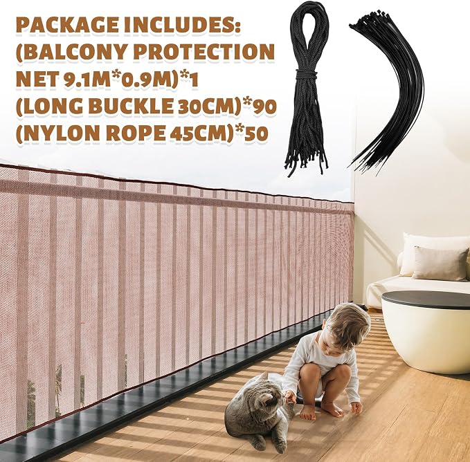 Hosuly Banister Guard 30 x 3 ft Balcony Netting for Kids Pets Stairway Safety Net Baby Fence Door Balcony Netting Safety Mesh Stair Net with No Drilling for Apartment Railing(Brown)