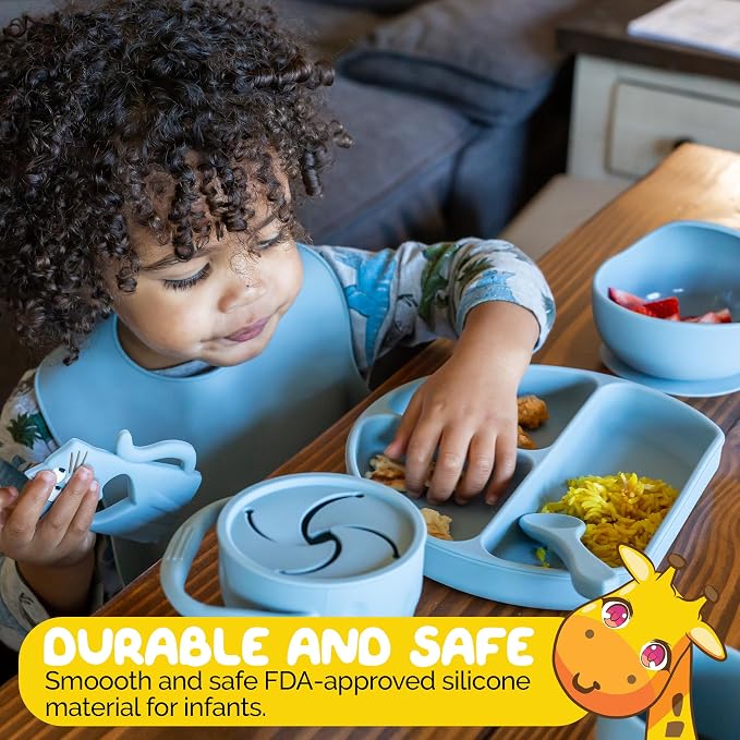 Carolina Blue Silicone Baby and Toddler Self-Eating Food Plates Set with Utensils (8 Piece Set)