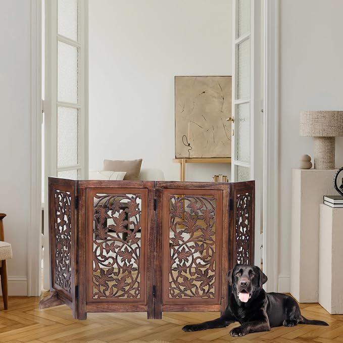 Folding Dog Gate for Indoor Use, 4 Panel Free Standing Wooden Pet Barrier, 56x28 Inch Decorative Lucy Design Dog Fence for Doorway, Stairs, or Hallway, Natural Burnt